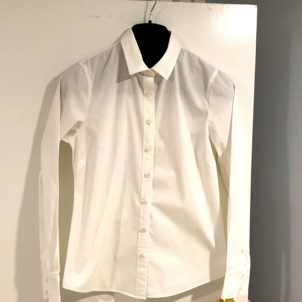 J. CREW, SZ M, FITTED SHIRT, WHITE, LONG-SLEEVE, COTTON/SPANDEX